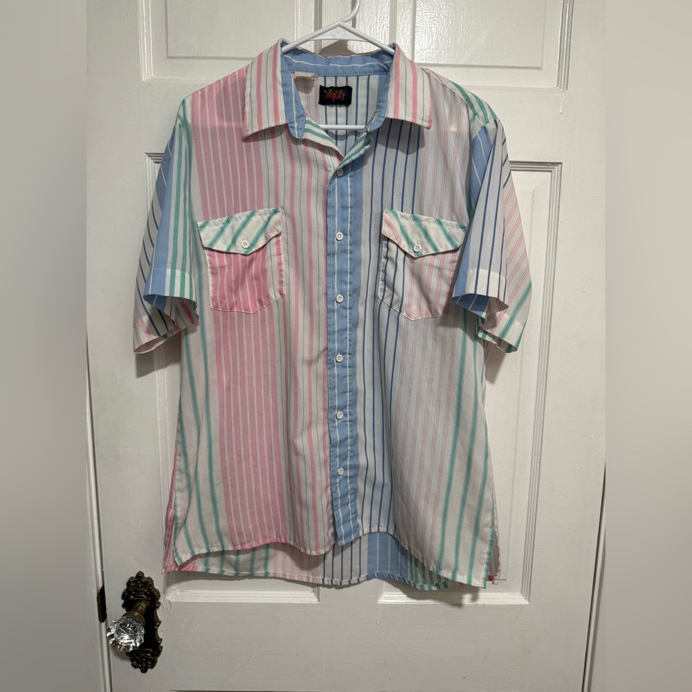 Vintage Mens TemTex Stripe Button Down Short Sleeve Shirt